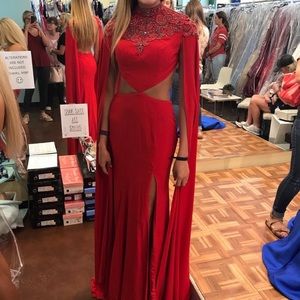 Red cape sleeve prom/pageant dress